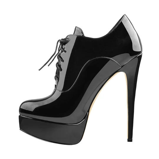 I-Platform Lace Up Stiletto High Heels Black Patent yesikhumba i-Ankle Bootie