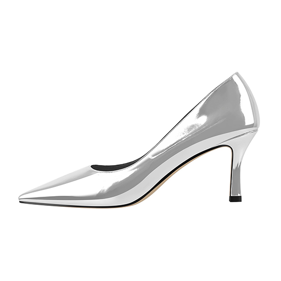 Персонализирано лого за обувки на едро със сребърна и кайсиева лачена кожа с остри пръсти на среден висок ток тип обувки