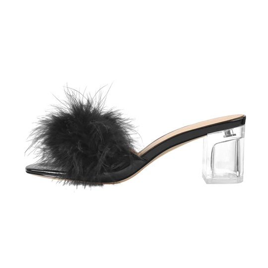 Custom made Black Feather fur furry Clear chunky Heel Sandals