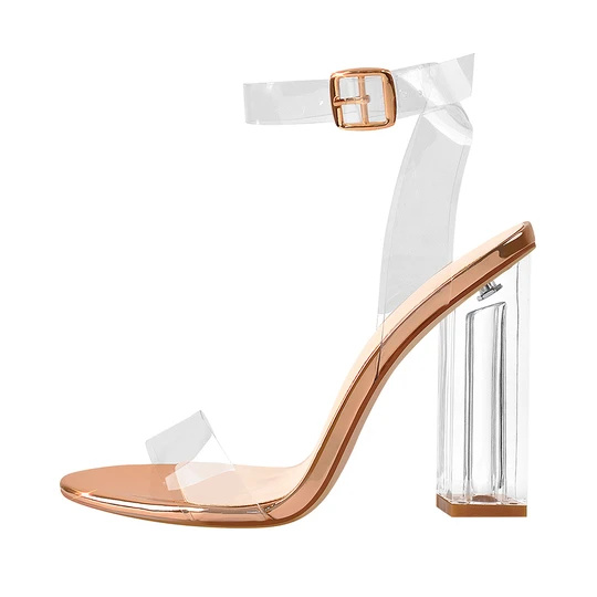 Sandale cu toc înalt din plexiglă cu curele la gleznă, aurii roz, sandale cu toc transparent pentru femei personalizate