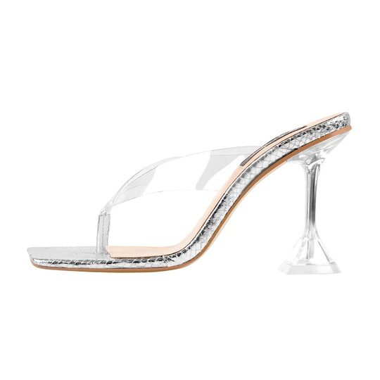 Prozirne tange sa srebrnim zmijskim printom sa kvadratnim prstom na suženoj visokoj peti po mjeri ženske sandale na petu