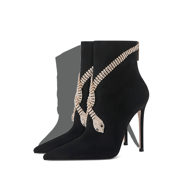 Botas curtas femininas feitas sob medida com tornozelo preto e acessórios de cobra de cristal prateado brilhante