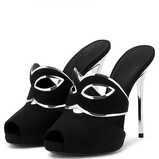 Sandales à talons argentés en daim, chaussures de soirée sexy au design masque Muller