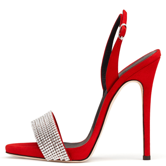 Custom red classic high heel pumps with crystal front strap