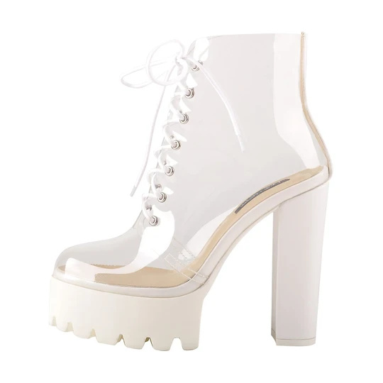 Lace Up Platform Chunky Heel White Clear Sandal ဘွတ်ဖိနပ်