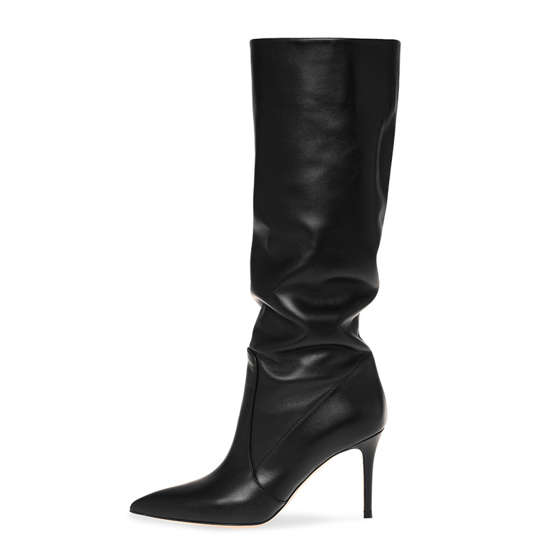 Veleprodajna zimska nova oblika, vroča prodaja, črni PU usnjeni škornji z visoko peto v veliki velikosti