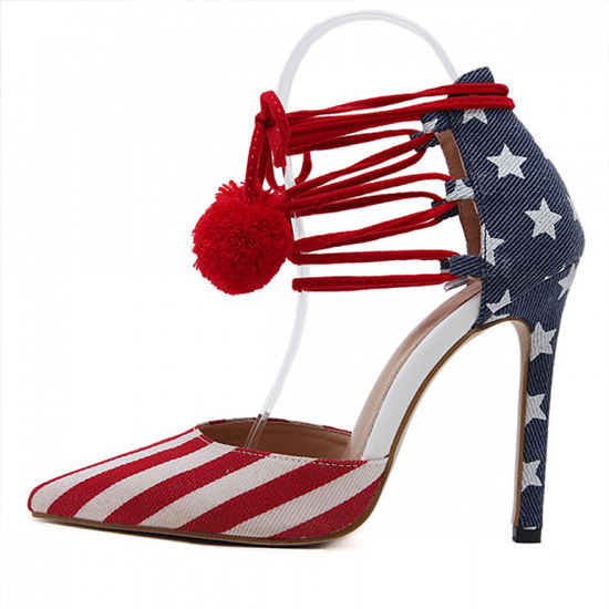 Giày cao gót màu xanh đỏ tùy chỉnh USA Flags Point Head Ankle Pom Stiletto Giày cao gót