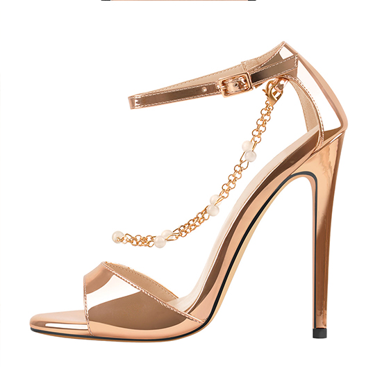 Custom Pearl Metal Chain Ankle Strap Open Toe Sandals
