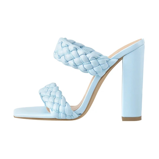 Blue Open Toe Chunky High Heel Mules Sandals