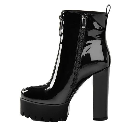 Factory Cheap Hot Platform Slingback Heels - Round Toe Black Patent Leather Platform Chunky High Heel Ankle Boots – Xinzi Rain