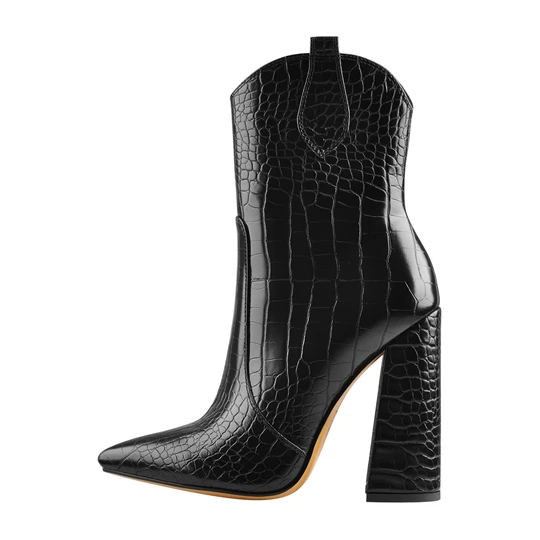High reputation Womens Custom Leather Boots - Black Pointed Toe Chunky Ankle Boots – Xinzi Rain