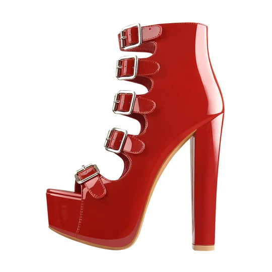 Custom red Platform Open Toe Five Buckle Strap Chunky High Heels Ankle Boots Sandals