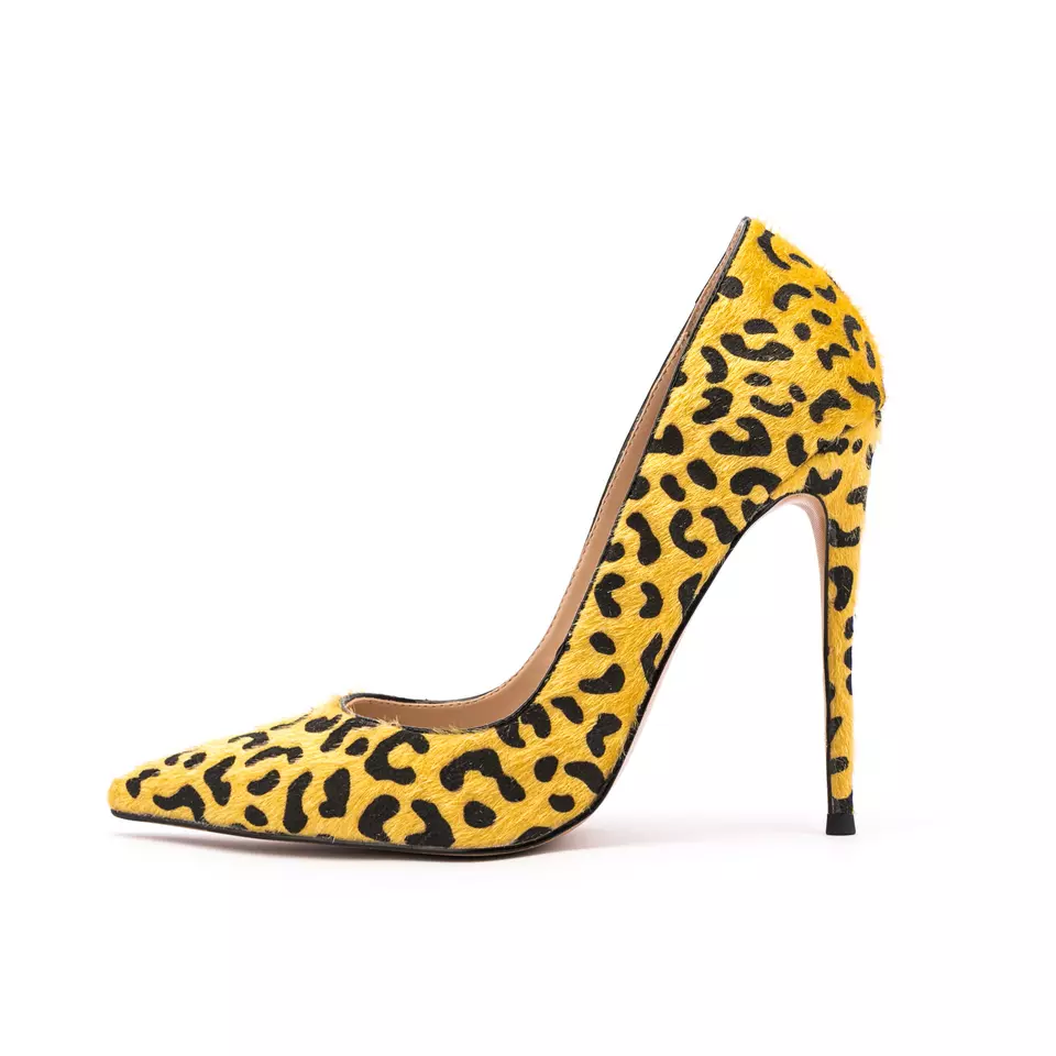 Point Toe Yellow Leopard Pattern Women Stiletto Heels Pumps