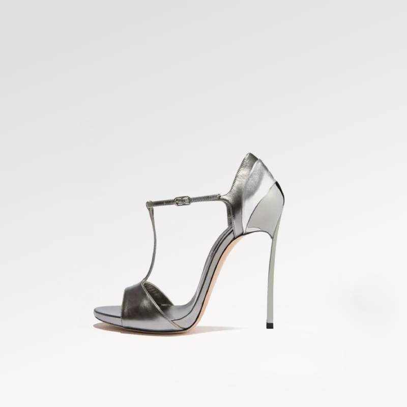 Silver Metallic T-Strap High Heel Sandals
