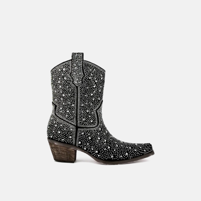 NO MOQ-Customizable Sparkly Black Studded Cowboy Ankle Boots-016