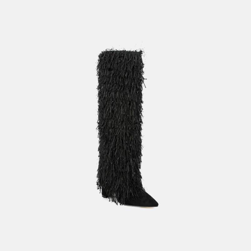 Suede Leather Block Heel Fur Boots