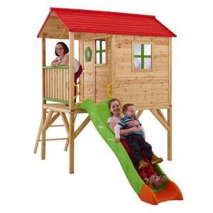 ხის Playhouse With Slide საბავშვო Toy Playground