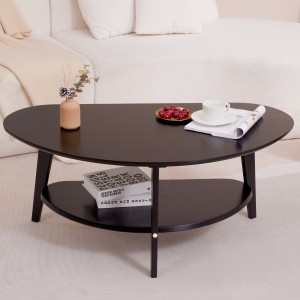 Large Double-Layer Oval Coffee Table With Storage Shelf in Mid Century Modern Style for Living Room or Bedroom