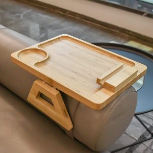 Couch Arm Tray Table Clip on Sofa Armrest Tray Bamboo Side Table with 360° Rotating Phone Holder