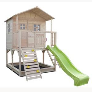 Wooden Cubby House With Green Slide And Sandpit