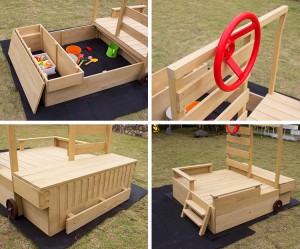 Children Outdoor Car Shape Pullable Wooden Sandbox With Seat And Drawer Storage Wheel for Kids