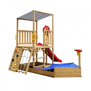 Luxurious large kid sandbox play box outdoor wooden boat sandpit sandbox with roof canopy slide and climbing