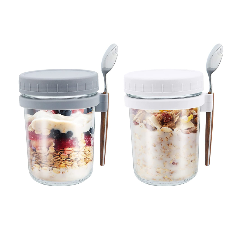 Wholesale Overnight Oats Jars with Lid and Spoon 10 Oz 300ml Oatmeal Container with Measurement Marks Mason Jar with Lid