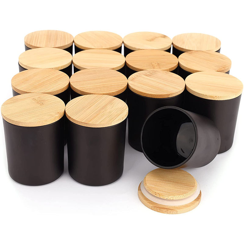 Supplier Luxury 6oz 200ml Matte Black Empty glass Candle Jars Vessels container with Bamboo Wooden Lids for scented candle making wedding gift