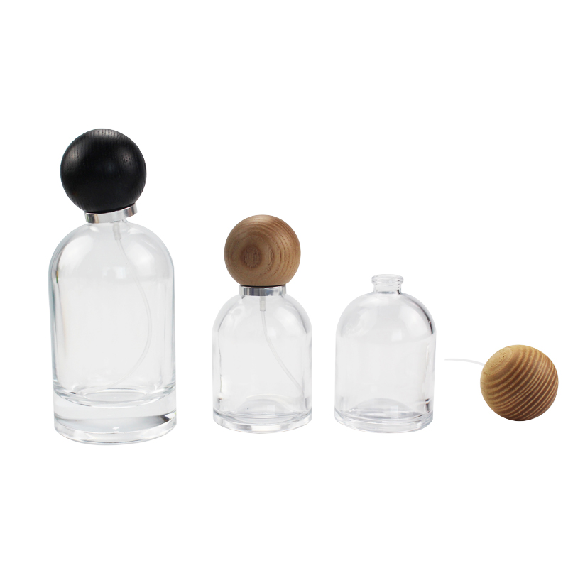 Empty Luxury clear 50ml 100ml cylinder crystal Glass Fragrance Refill Perfume parfum Spray Bottle with Fine Mist Sprayer atomizer and wooden cap