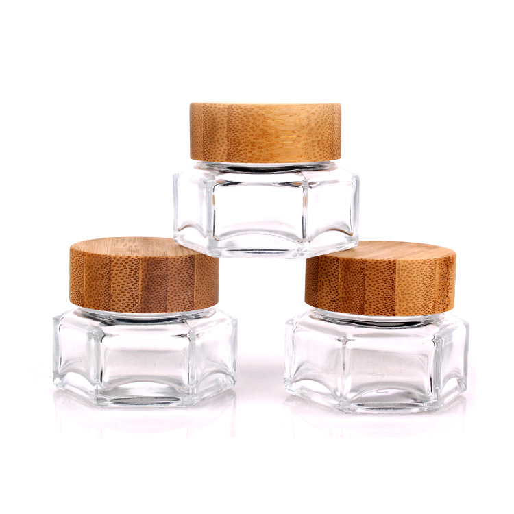 customized high quality hexagonal 30ml glass cosmetic storage jar with wooden lid
