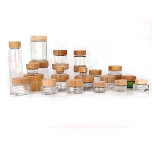 Custom eco friendly bamboo wooden lid glass storage container jars and glass bottles