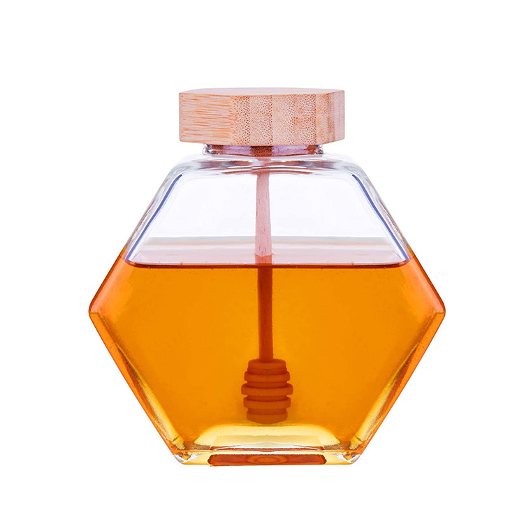 220ml 8oz clear Hexagonal Honey Glass Jar Honey Pot With wooden Dipper and lid
