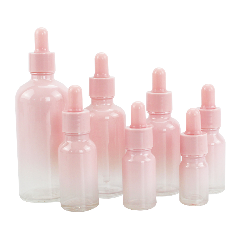 Wholesale Refillable empty 15ml 20ml 30ml 50ml 100ml Gradient Shining Pink Coated Glass Dropper Bottle With pink Caps for essential oil serum skincare cosmetic