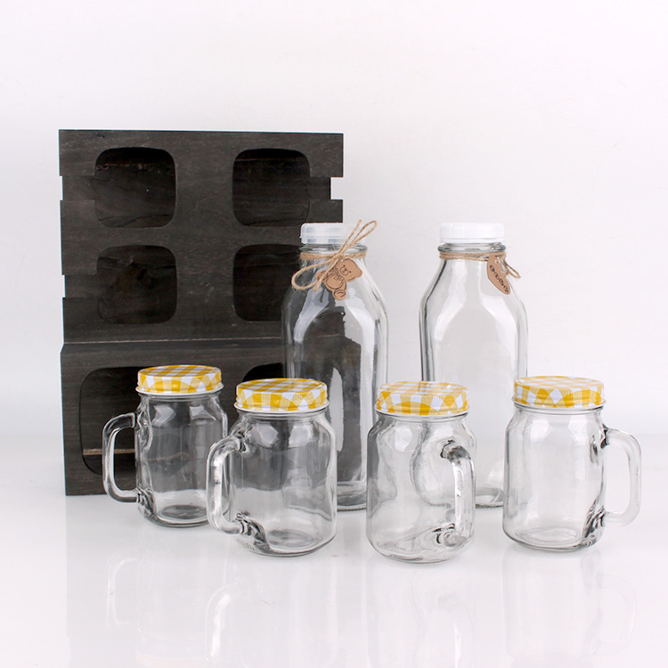 900ml clear square glass milk bottle and mason jar set