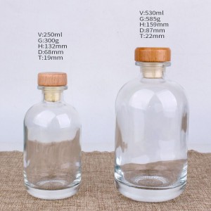 high quality round 250ml 500ml wine/liquor glass bottle with synthetic cork stopper