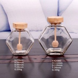 China Supplier hexagon honey glass jar with wood cap and honey dipper