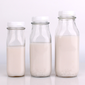 Wholesale 8oz 9oz 12oz 14oz 18oz clear square glass milk bottle with Plastic lid