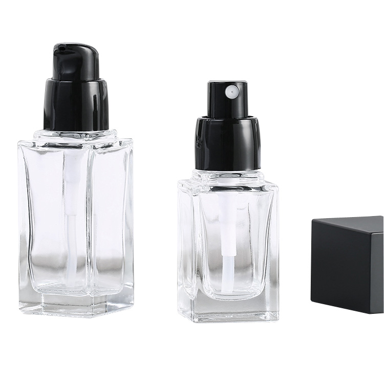25ml 35ml Empty Clear Square Glass Emulsion cosmetic Bottle With Black Pump