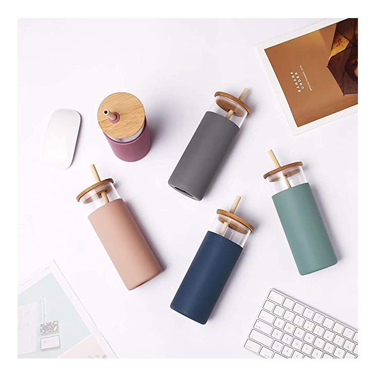 Glass Tumbler with Straw and Bamboo Wood Lid Glass Water Bottle with  Silicone Protective Sleeve Reusable
