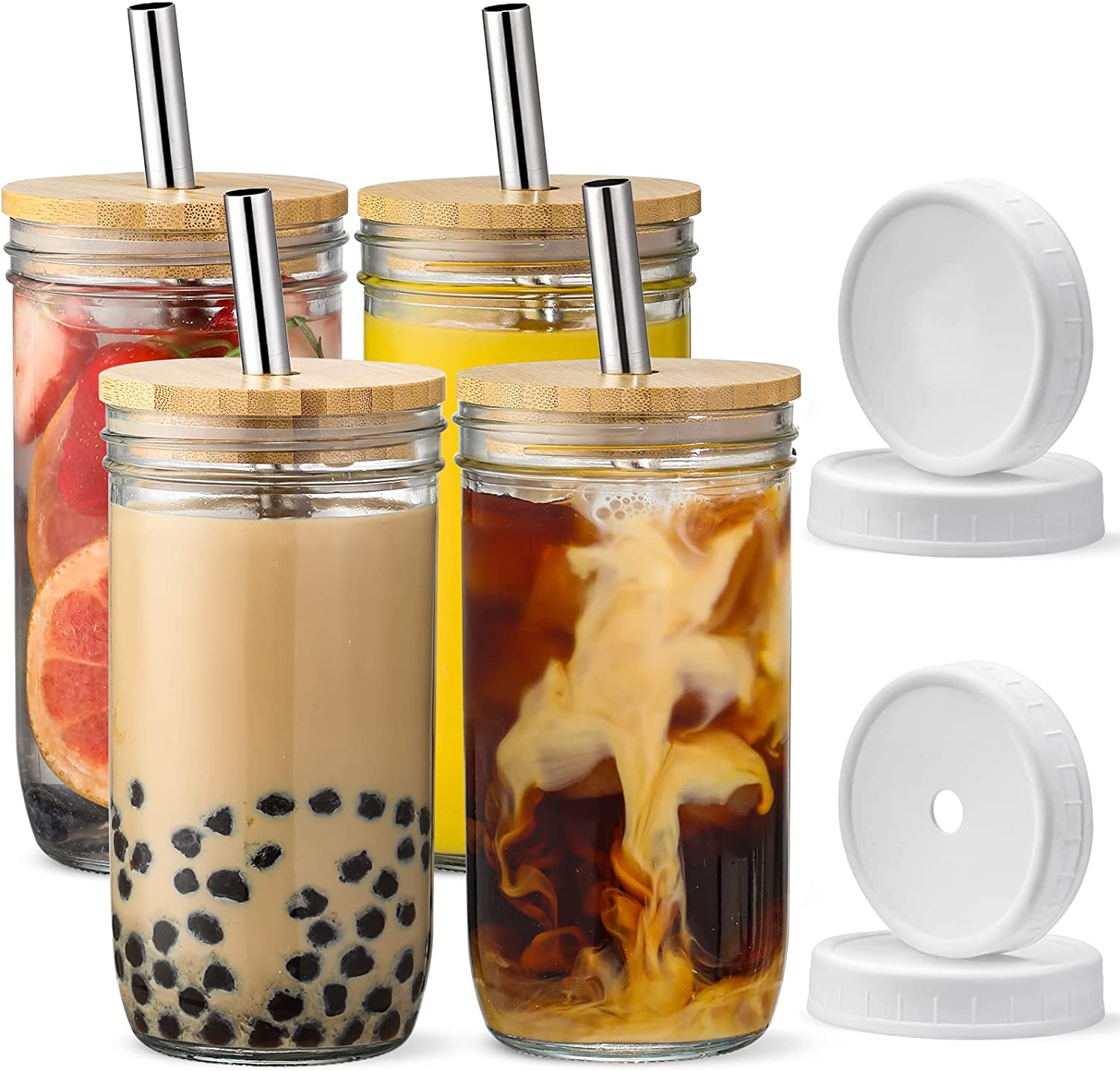 Reusable 24oz Mason Jar Drinking Glasses with Bamboo Lids and Straws for Iced Coffee for Bubble Tea smoothie Juice