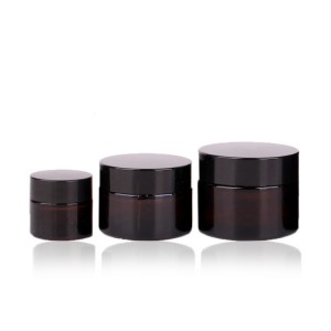 Wholesale straight sided amber glass cosmetic jars with black lid