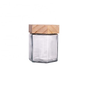 custom made 380ml hexagon glass honey food jars with wood lid