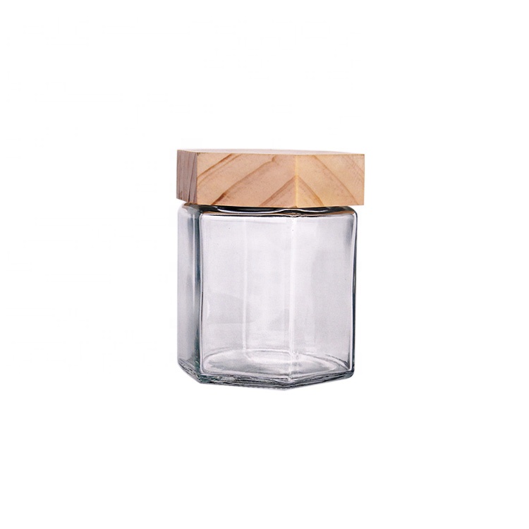 potes de comida de mel de vidro hexagonal de 380 ml feitos sob medida com tampa de madeira