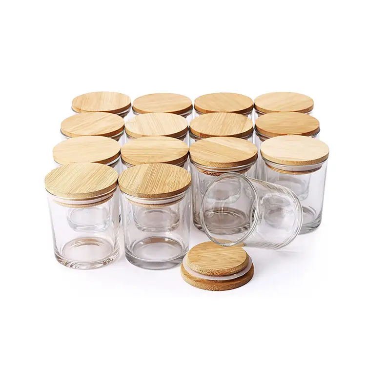 wholesale luxury custom empty clear candle holder 7oz 200ml glass candles jars with wooden bamboo lids