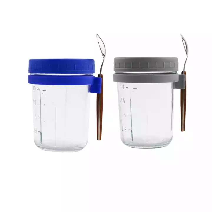 Clear Round 300ml Sealed Oatmeal Container with scale mason jar with Lid and Spoon for Cereal milk