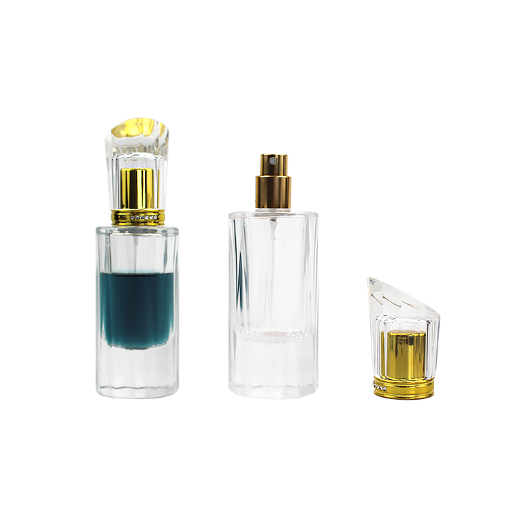 High quality luxury clear 50ml portable round glass perfume spray bottle with Inclined shoulder cover