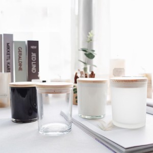 Hot sale empty glossy black white clear frosted glass candle jars containers vessels with wooden lid for candle making