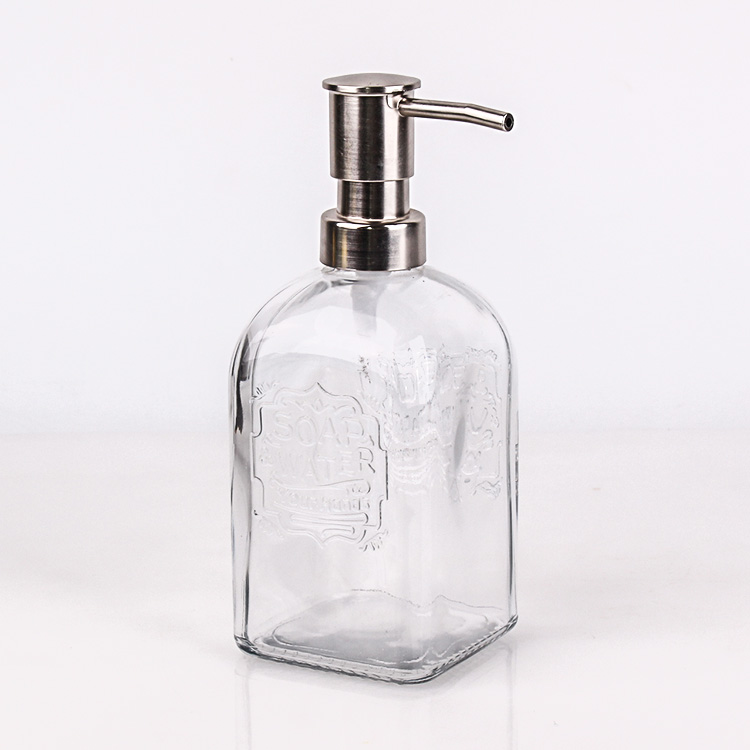 carré 500ml bouteille en verre Lavage à la main Sanitizer Distributeur avec pompe en acier inoxydable