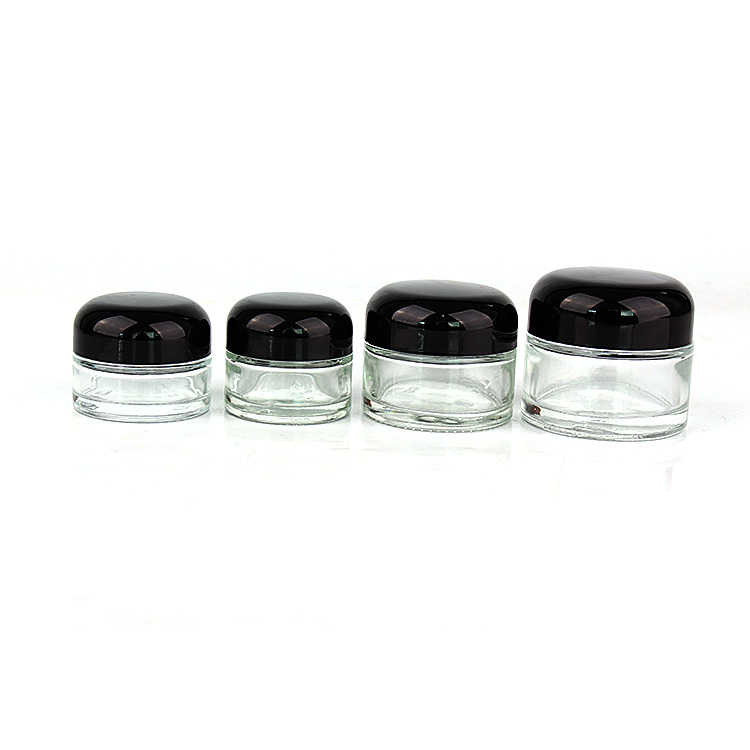 Pot cosmétique de crème pour le visage en verre transparent 20g 30g 50g avec capuchon noir en plastique