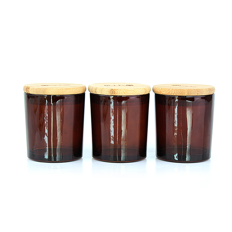 Factory Custom Wide Mouth Round Amber Glass Candle Jar container vessel with bamboo wood Lid for candle making
